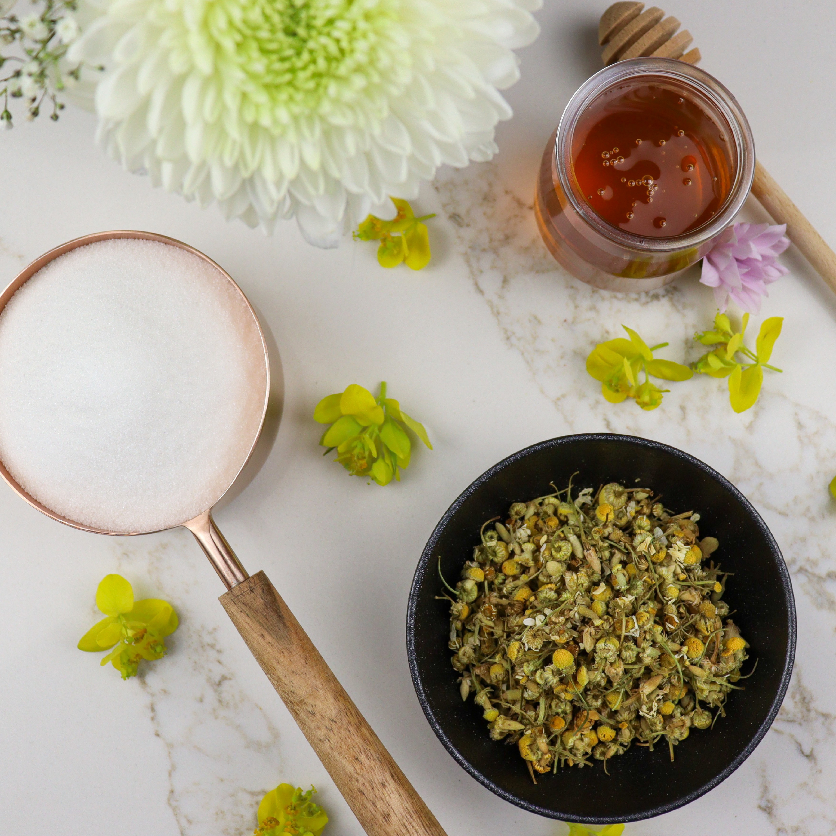 Ingredients for chamomile honey gin sour, chamomile honey syrup
