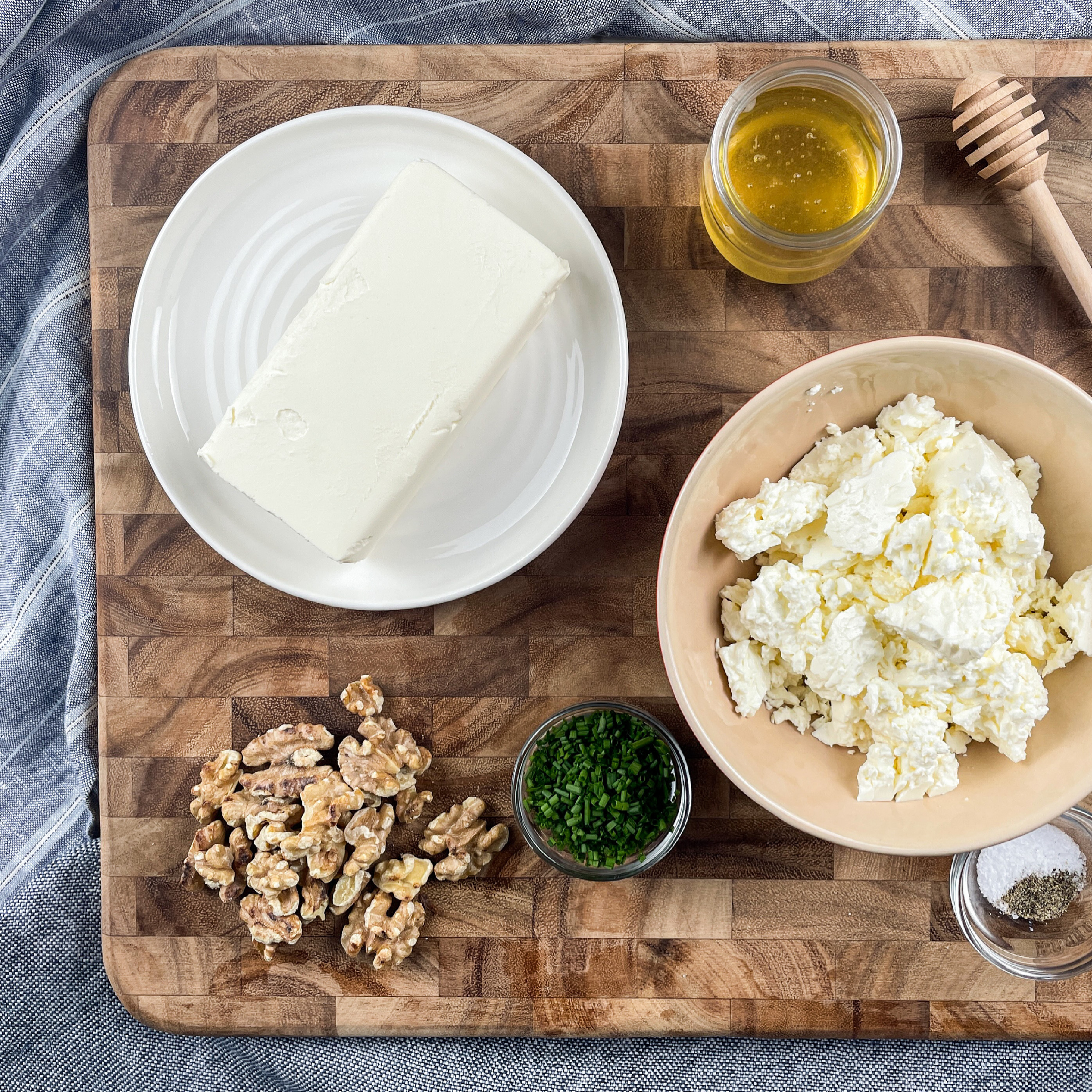 Ingredients for whipped feta with honey and walnuts