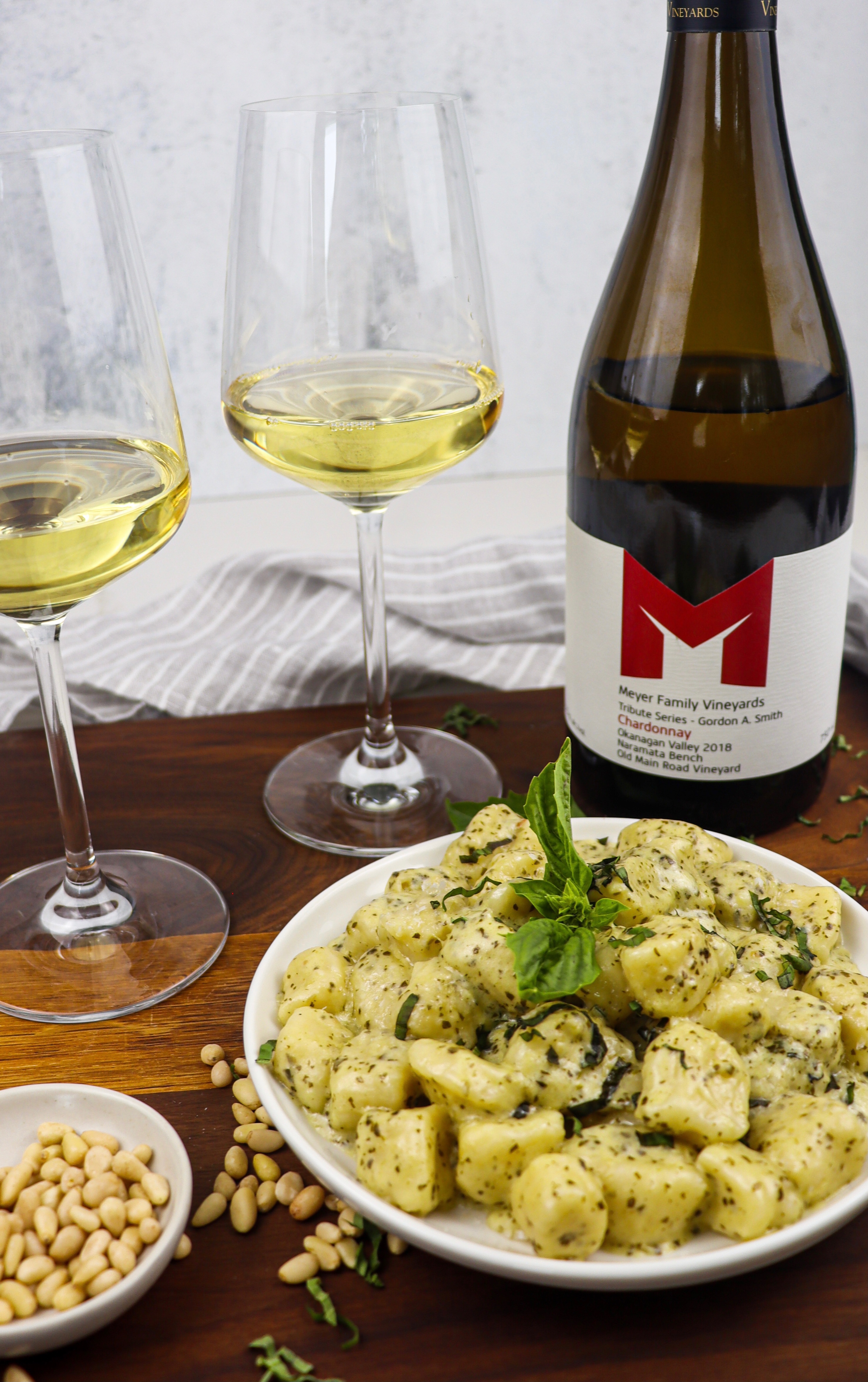 Plate of gnocchi with Meyer Family Vineyards Chardonnay
