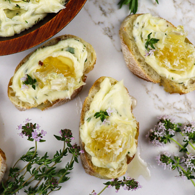 Whipped Brie cheese recipe on top of french baguette