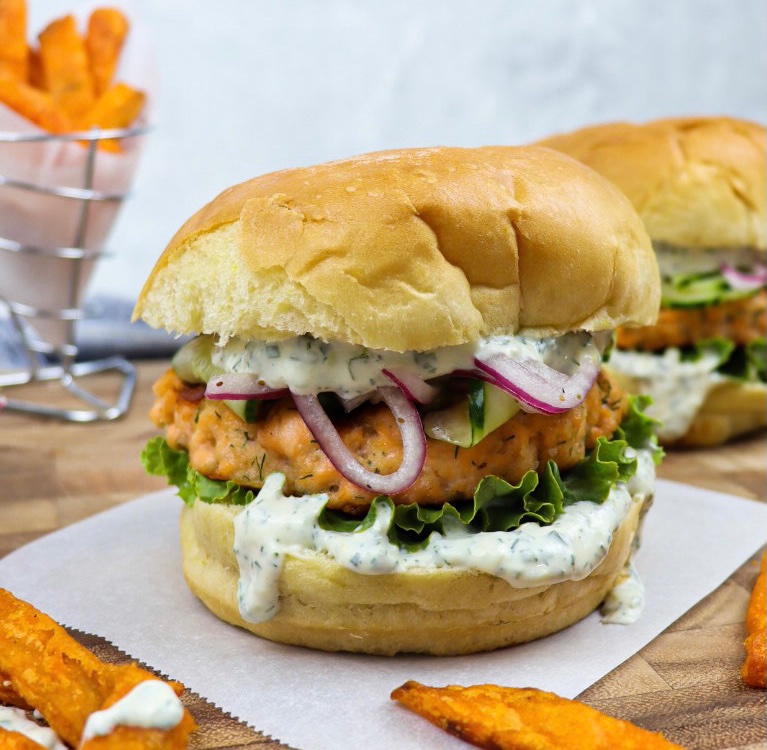 Salmon burgers with scattered yam fries