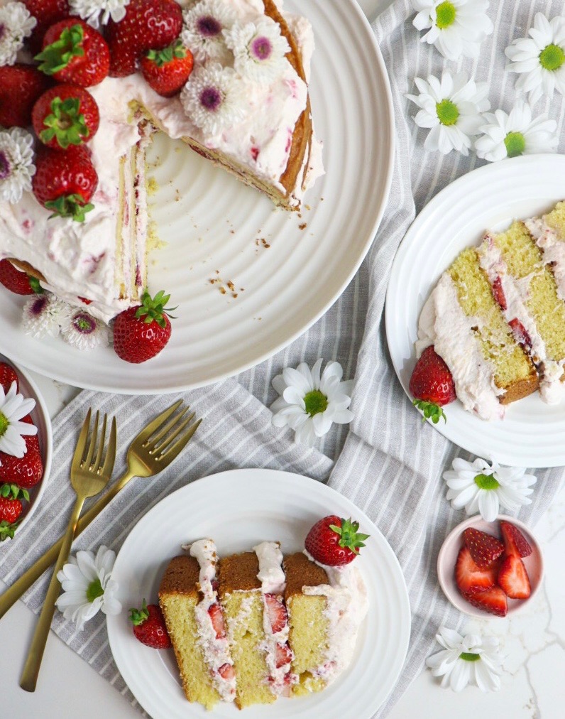 Two slices of strawberry mascarpone cream cake