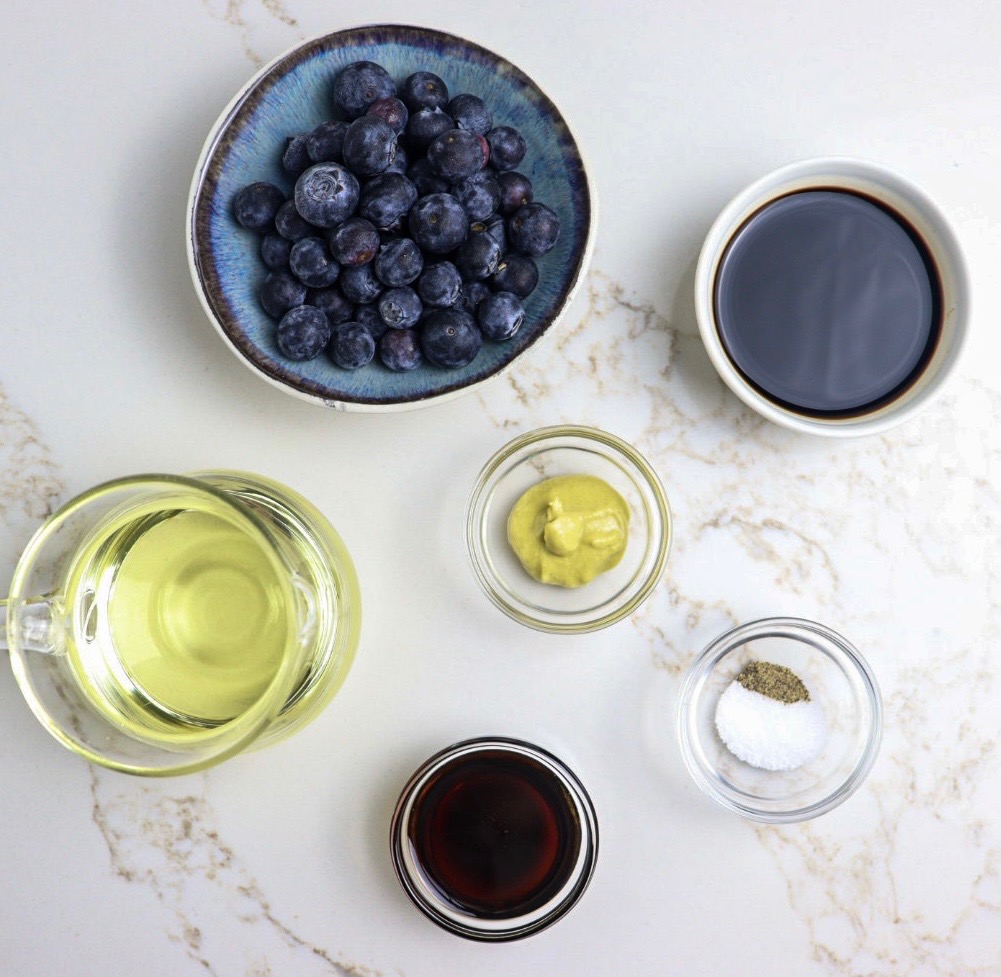 Ingredients for blueberry maple balsamic vinaigrette