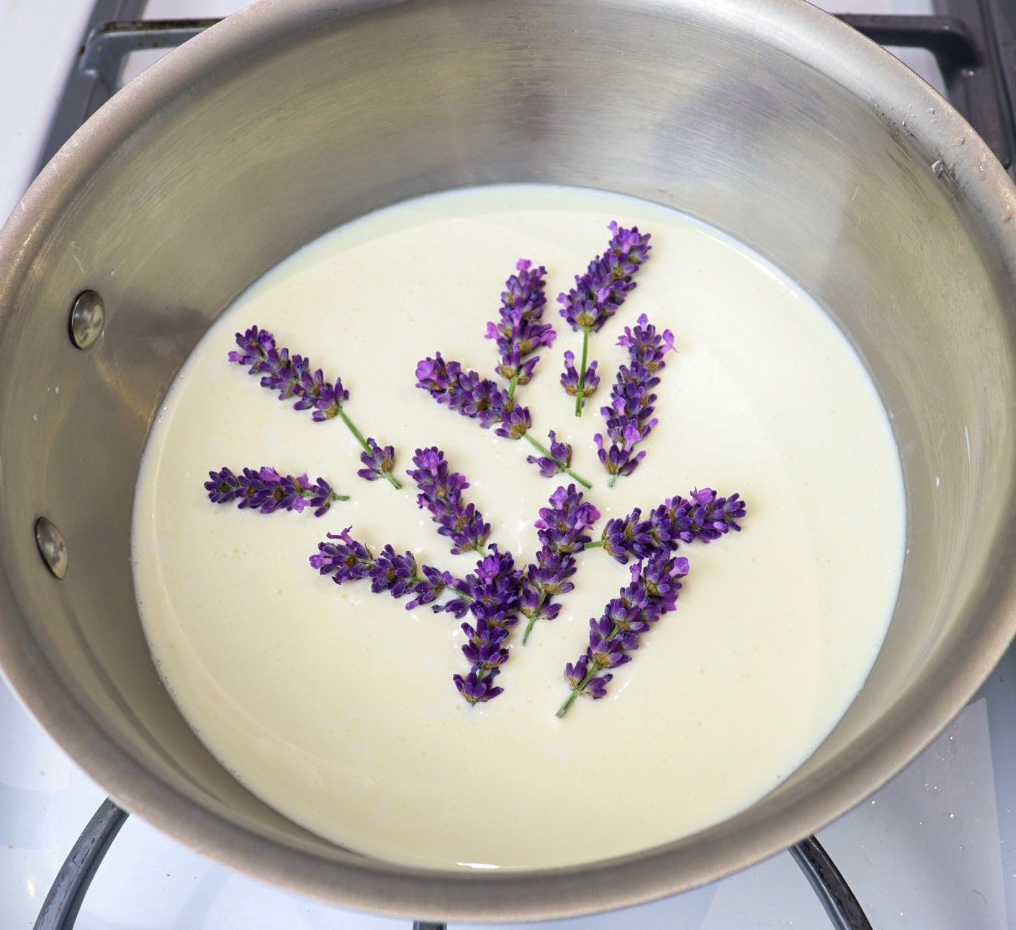 Preparing the crème anglaise by simmering lavender in cream