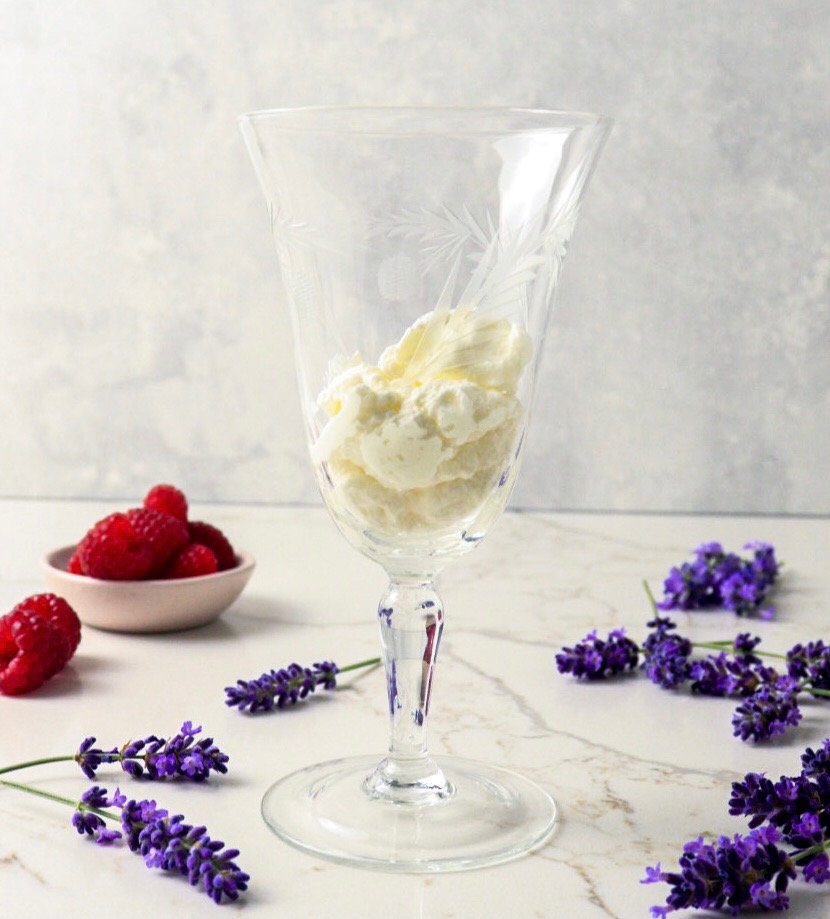 Whipped cream layer of raspberries with lavender cream