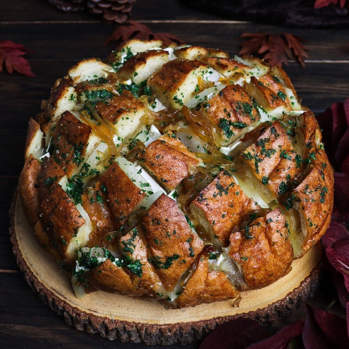 Brie Pull-Apart Bread with Pear and Caramelized Onions