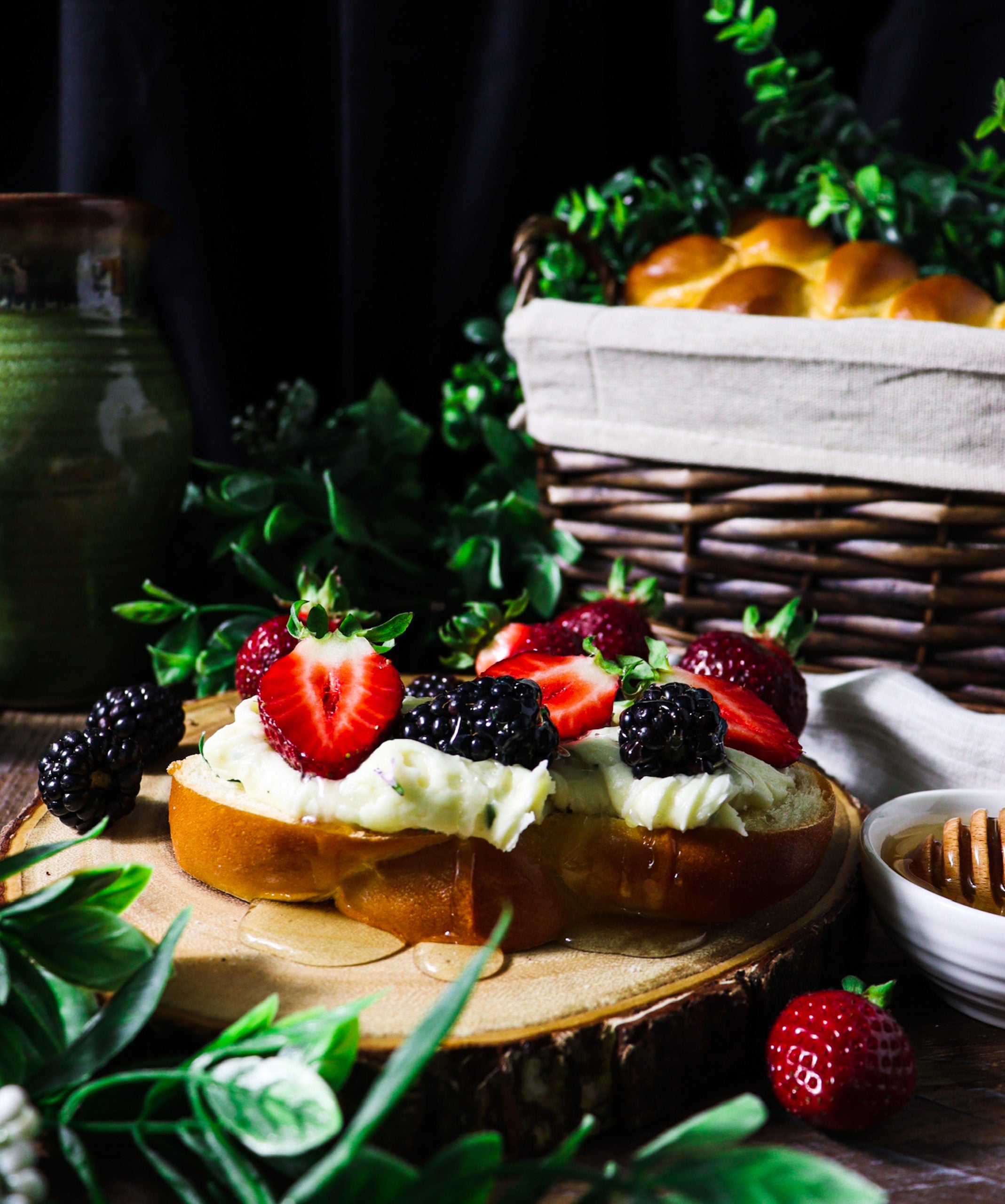 Elevenses: White Braided Bread with Whipped Brie, Berries, and Honey