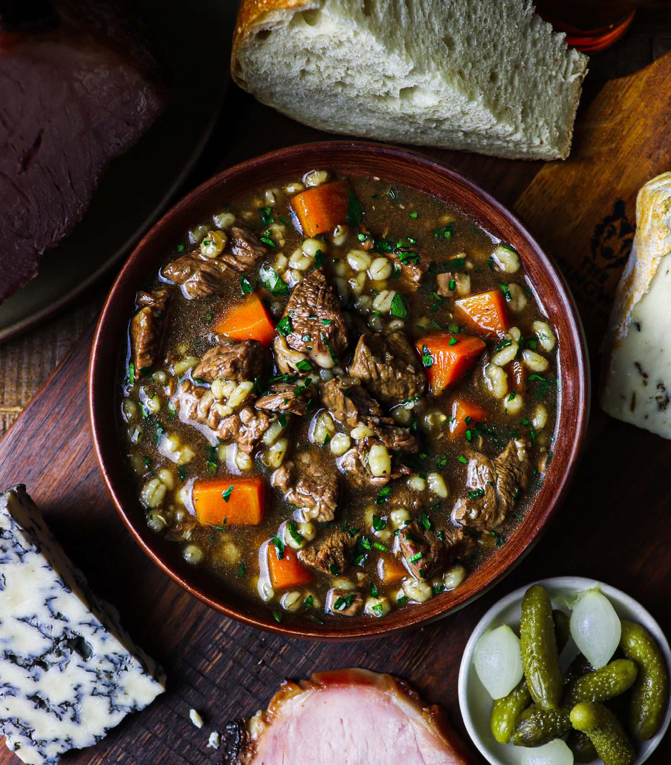 beef stout and barley soup for luncheon, the prancing pony inn