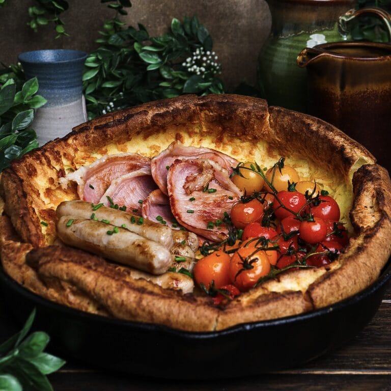 savoury dutch baby filled with bacon, sausages and tomatoes, hobbit breakfast