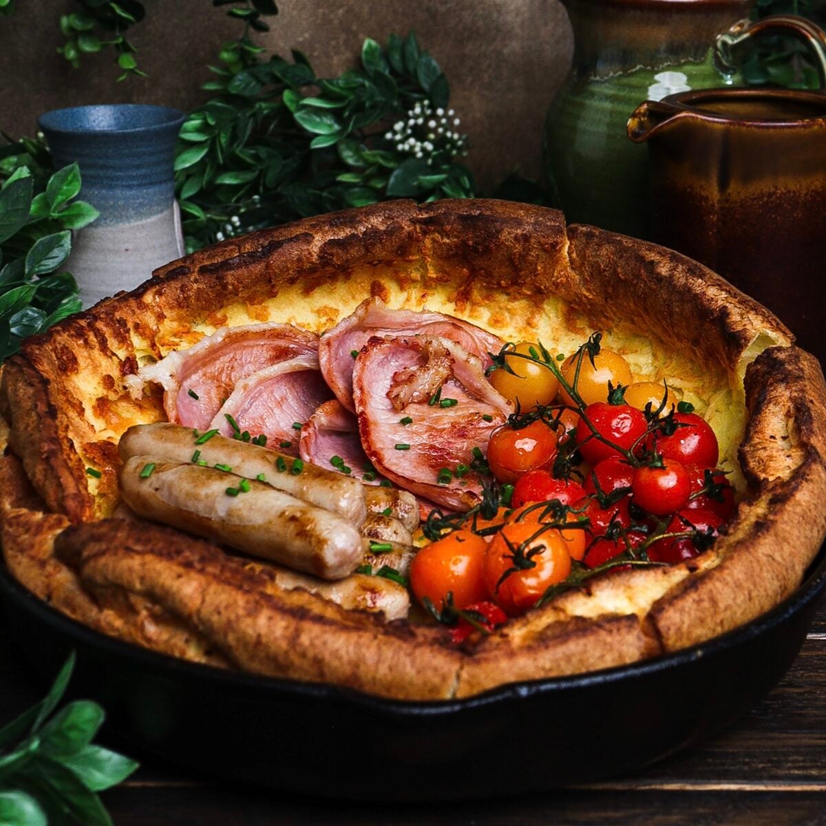 Savoury Dutch Baby with Tomatoes, Sausages, and Bacon