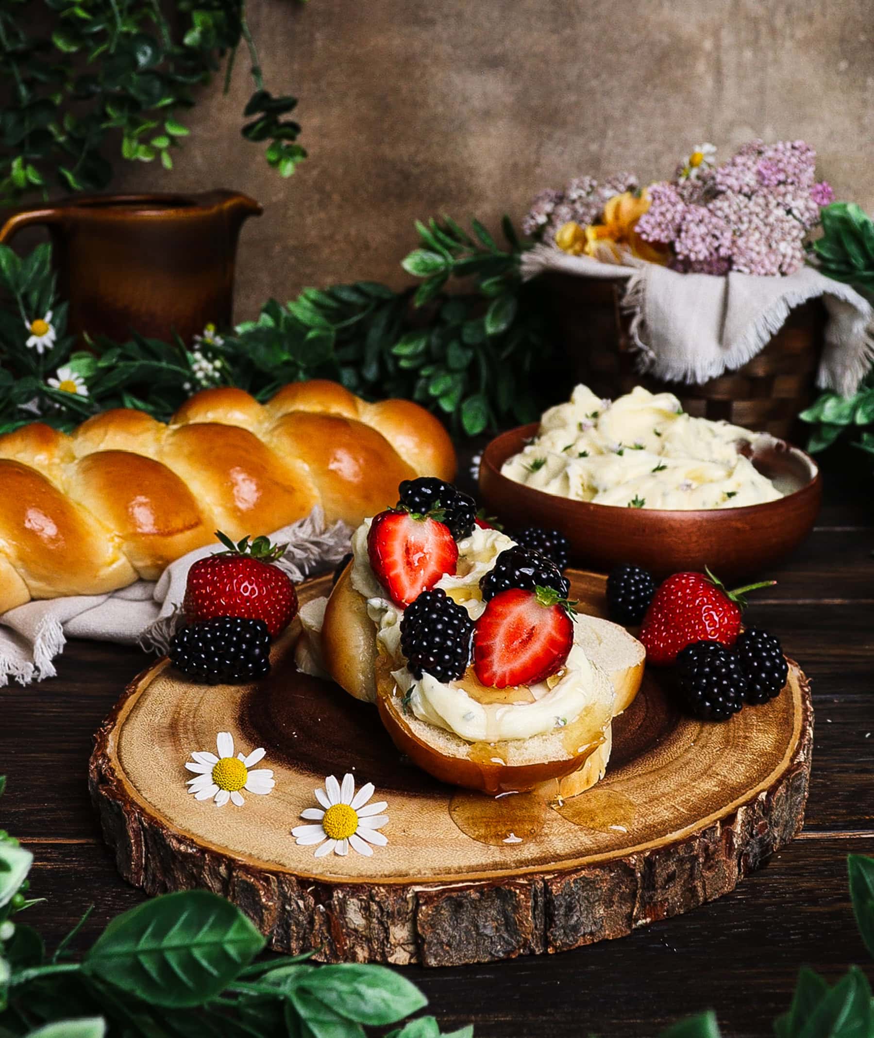 White Braided Bread with Whipped Brie, Berries, and Honey