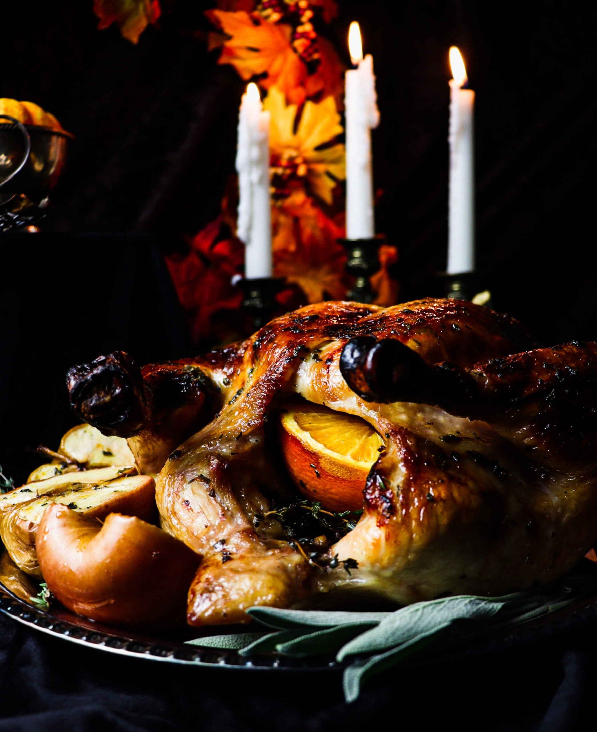 apple cider brined chicken with apple and maple glaze 
autumnal feast
legend of sleepy hollow
