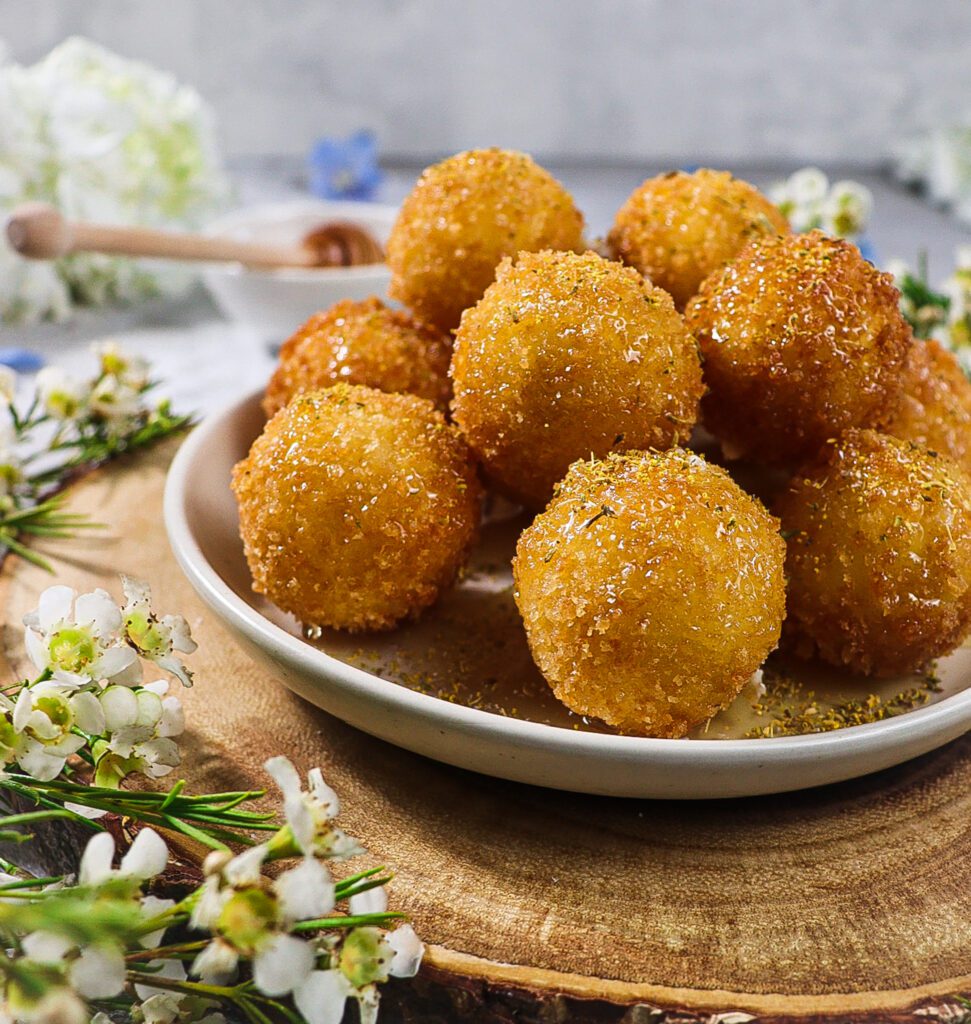 fried cheese balls,
dried fennel pollen