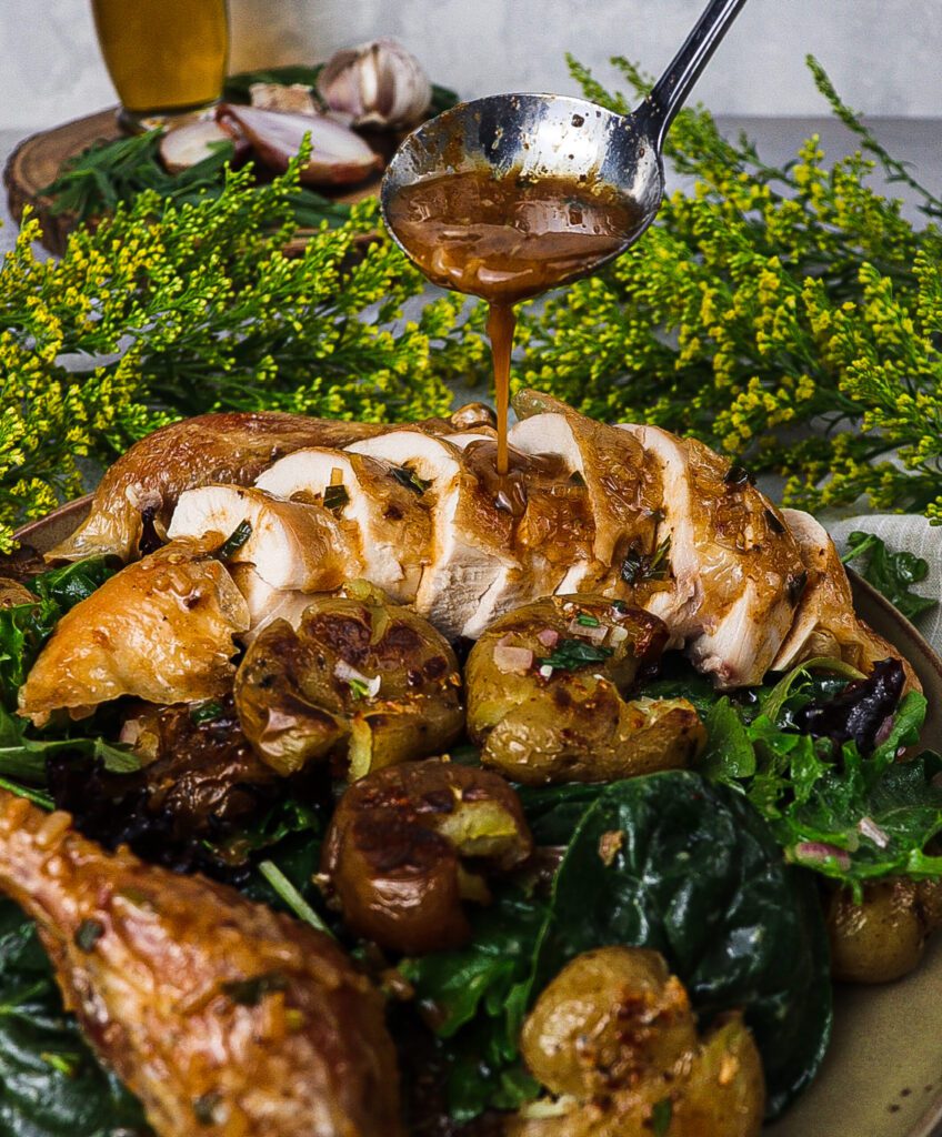 chicken with smashed potatoes, chicken tarragon vermouth dressing