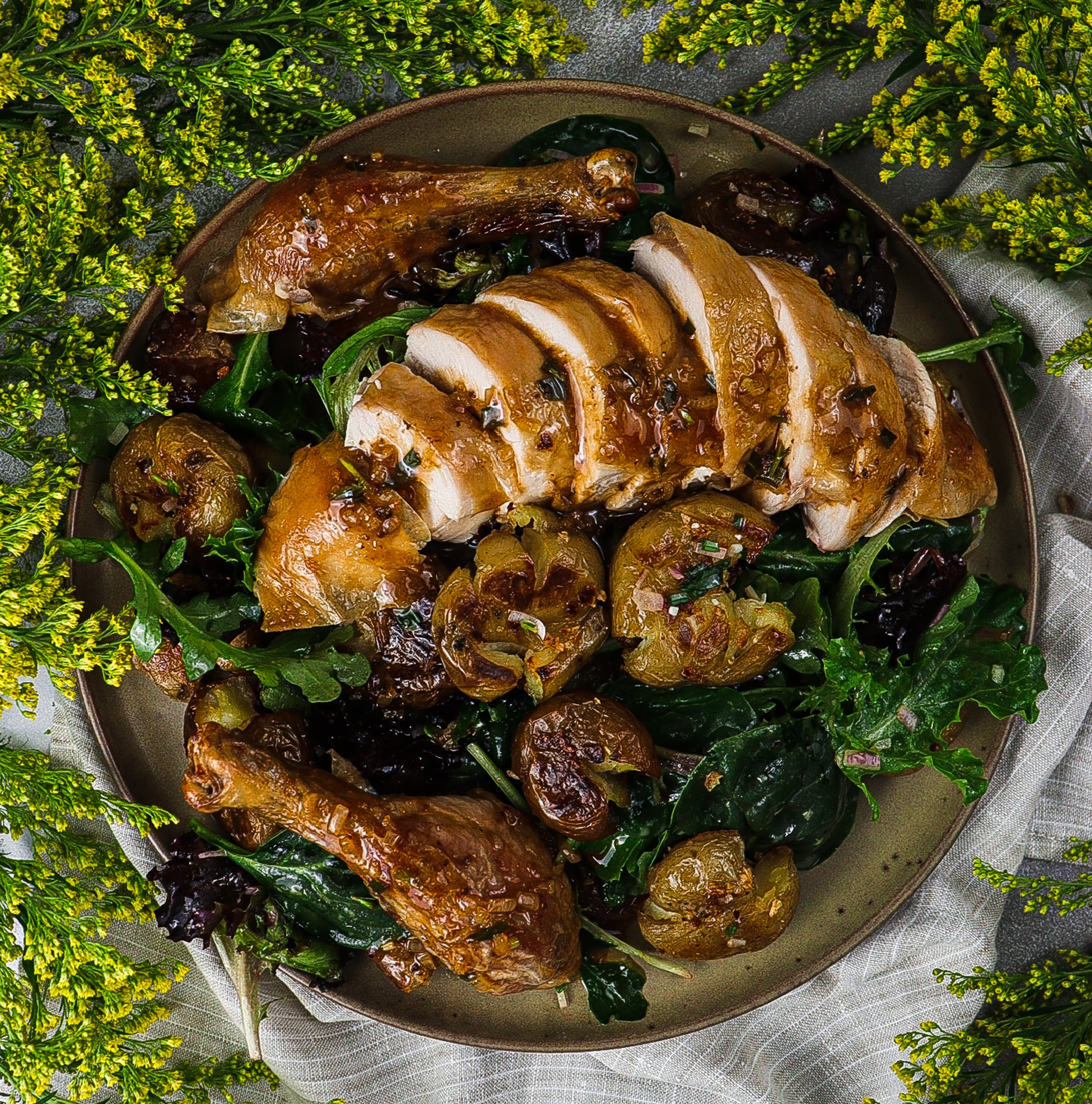 Tarragon Vermouth Roast Chicken and Smashed Potato Salad