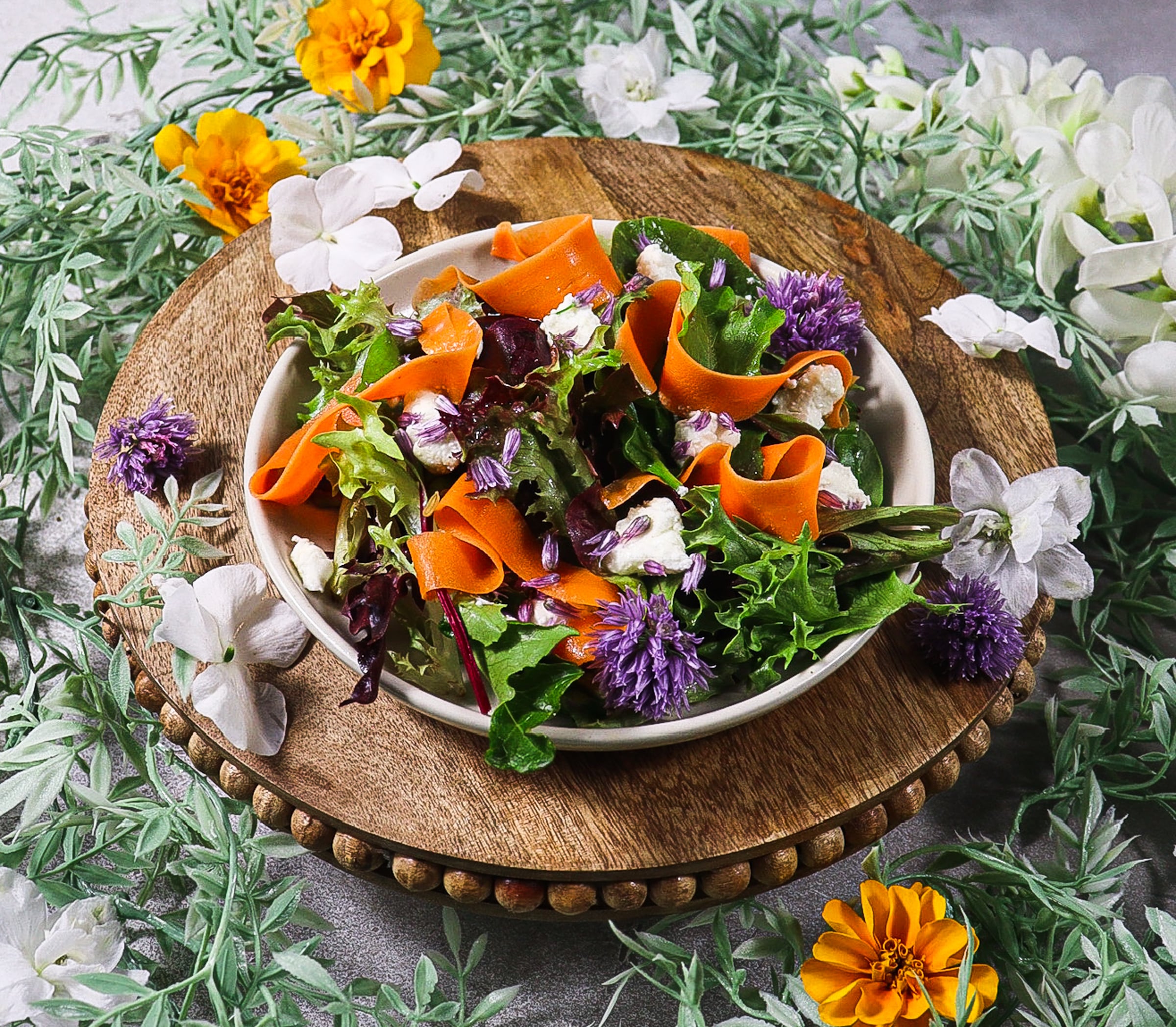 Chive Blossom Salad with Pickled Carrots and Goat Cheese