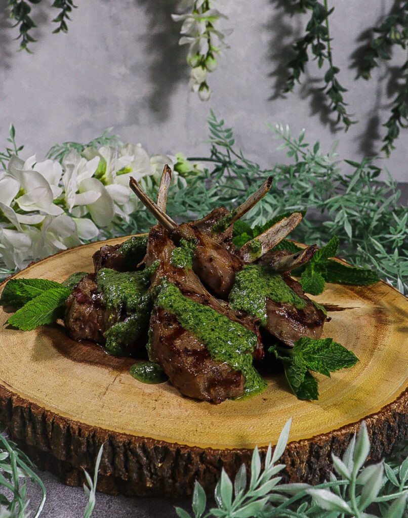 arugula mint pesto, grilled lamb chop recipe, elven food