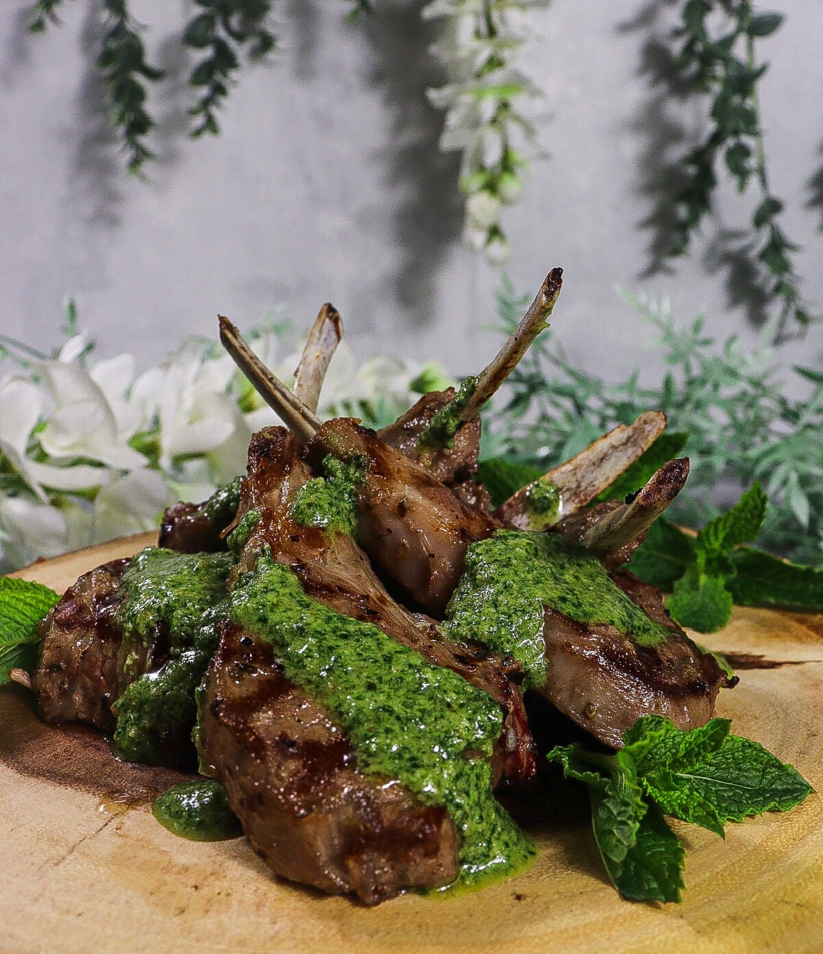 Juniper Grilled Lamb Chops with Arugula Mint Pesto