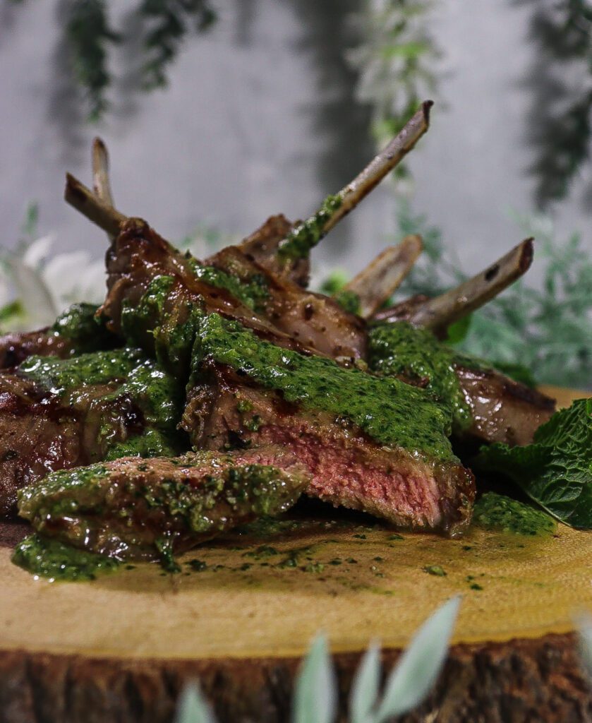juniper grilled lamb, arugula mint pesto