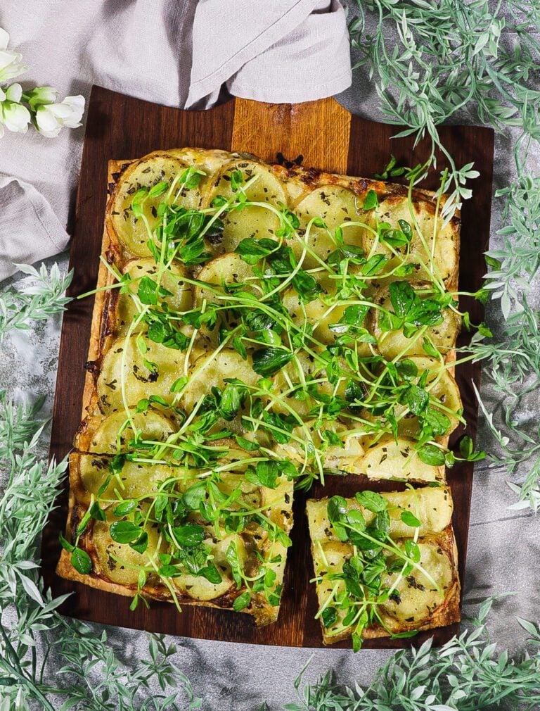 Potato Leek and Pea Shoot Tart