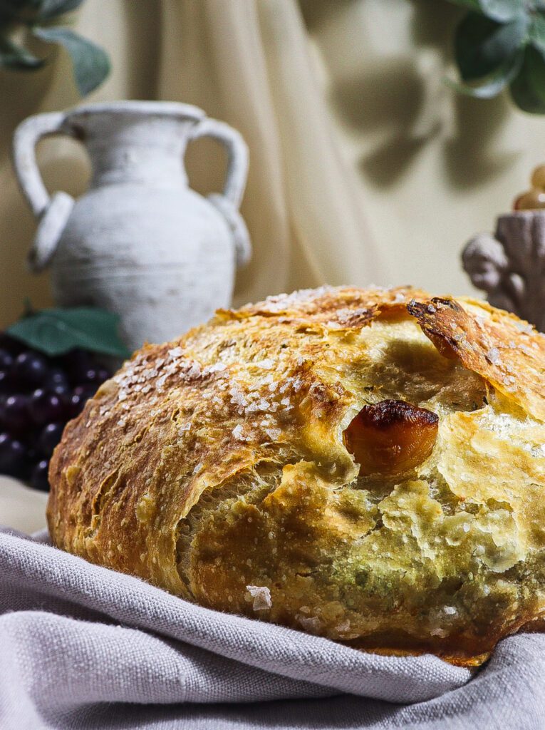 no knead rosemary garlic bread, ancient greek recipes, hestia goddess of hearth, dutch oven rosemary garlic bread