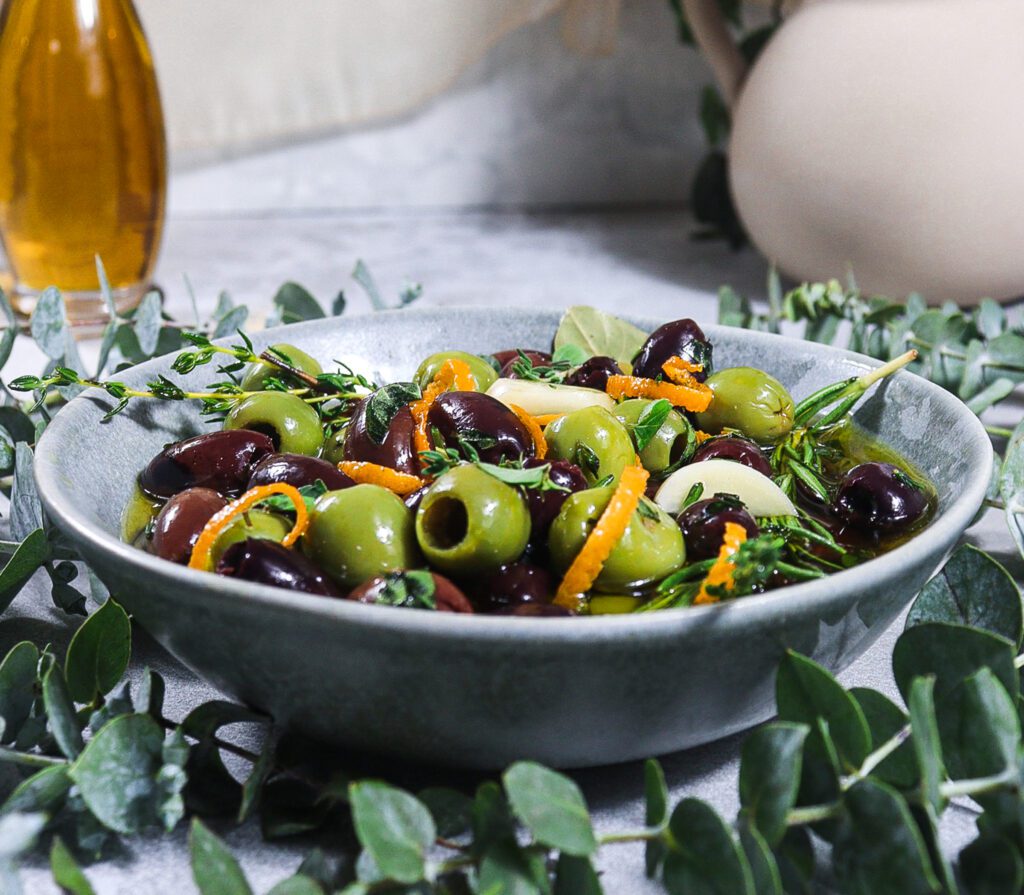 citrus marinated olives, greek mythology food, olive branch athena