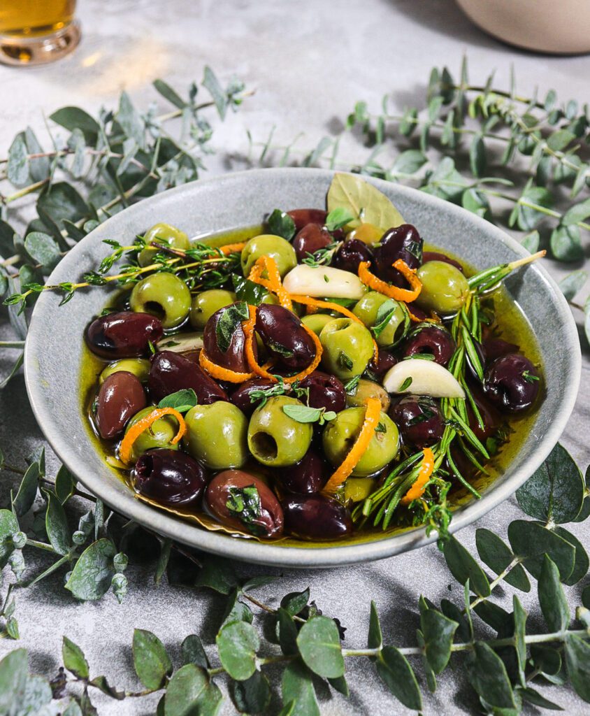 herb marinated olives, citrus marinated olives, ancient greek recipes, olive branch athena