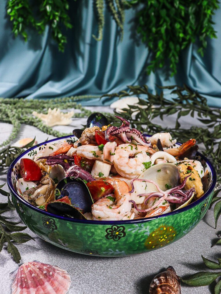 ouzo seafood salad, cold seafood salad recipe, greek mythology recipes