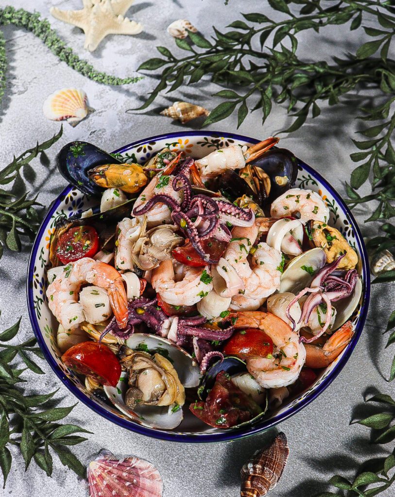 ouzo seafood salad, greek mythology recipes, cold seafood salad recipe