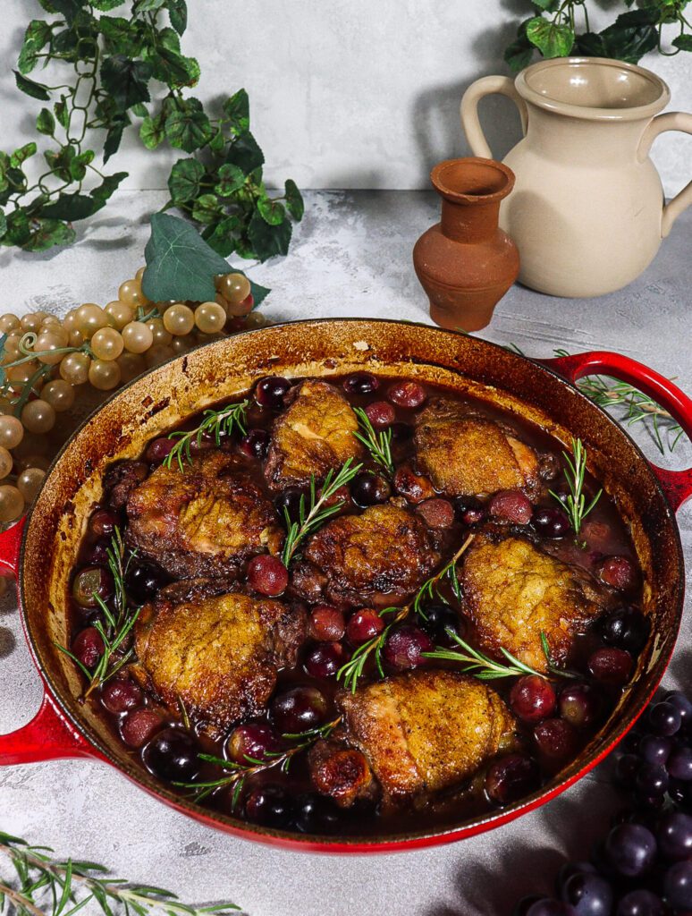 wine and grape braised chicken, chicken with grapes, dionysus inspired recipe