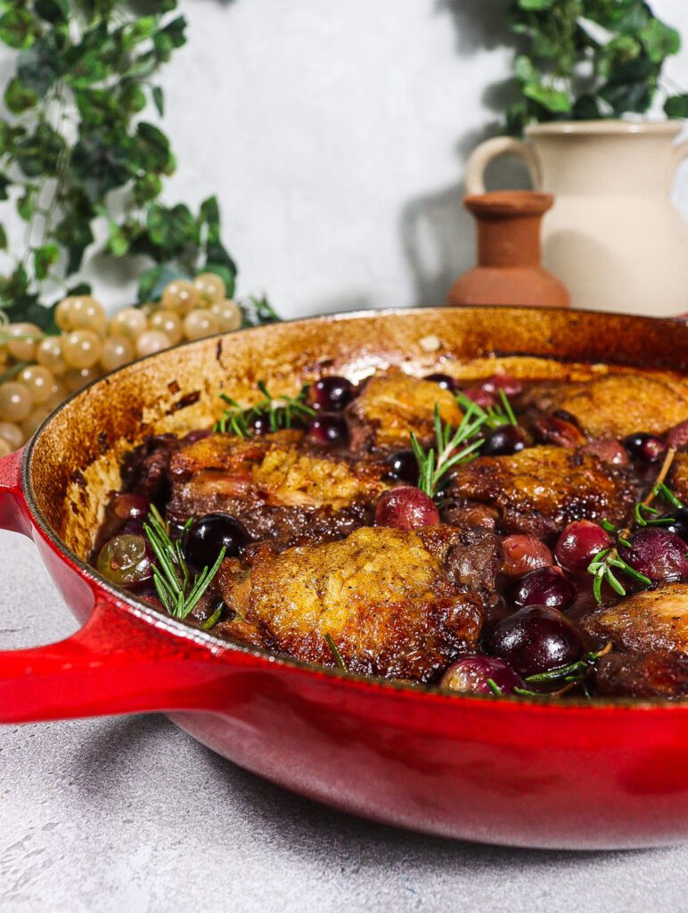chicken with grapes, chicken braised in red wine, dionysus inspired recipe