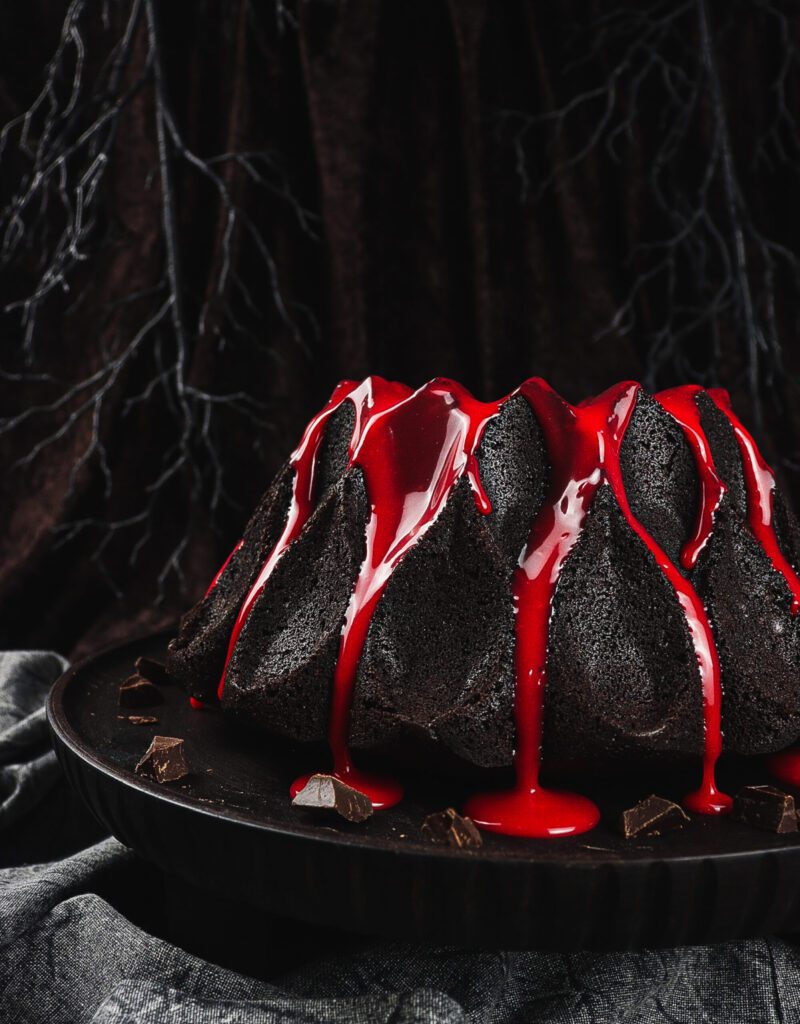 black chocolate cake, white chocolate ganache, mount doom