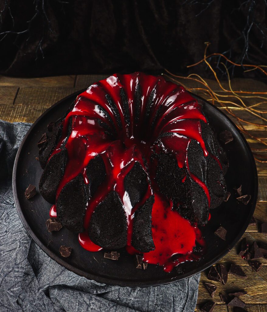 black cocoa cake, white chocolate ganache, mount doom