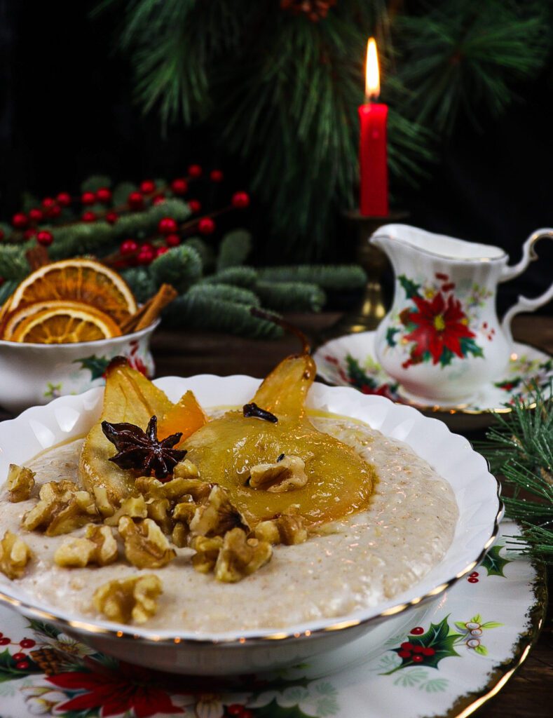 spiced pear oatmeal, scrooge's gruel, oatmeal with honey spiced pears