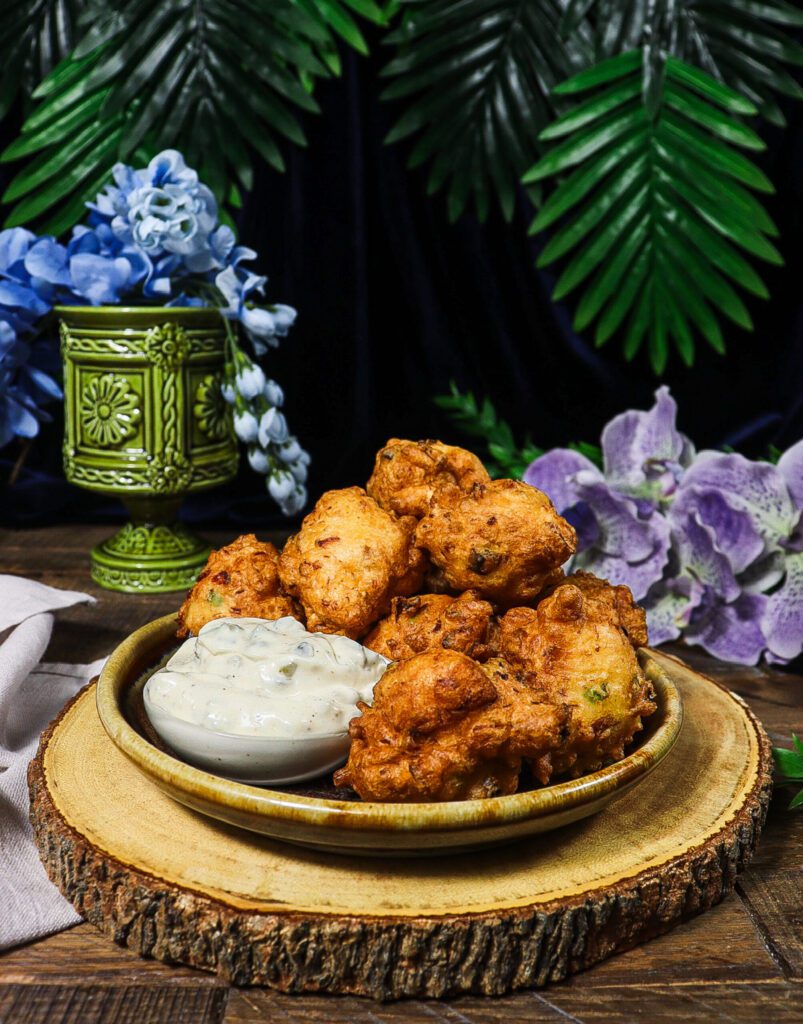 salted codfish fritters, disney themed dinner party, fish fritters with remoulade