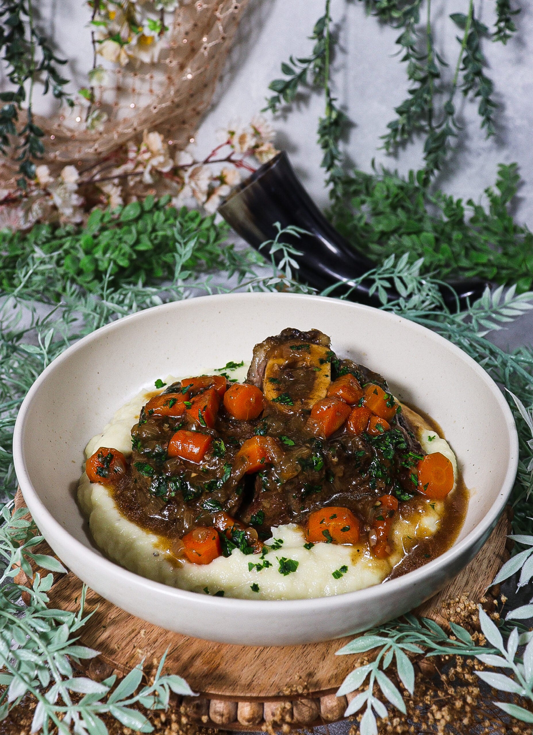 Nerthus’ Ale Braised Beef Shanks with Cauliflower Leek Purée