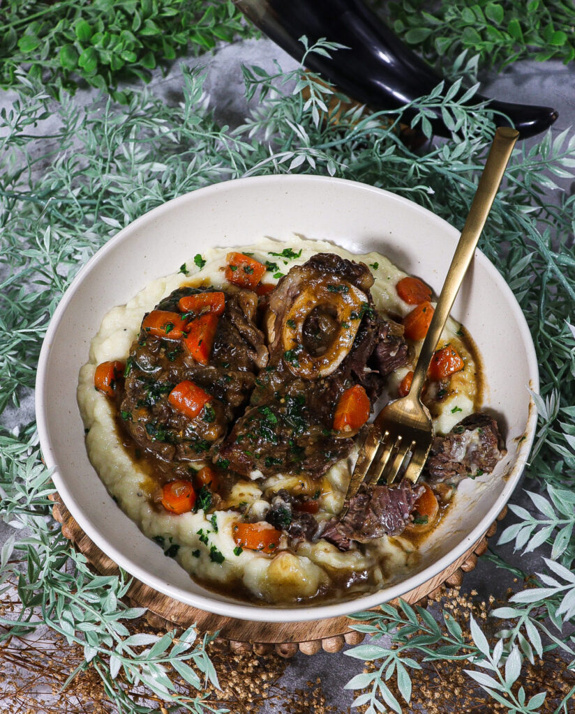 ale braised beef shanks, nerthus norse goddess, cauliflower leek mash