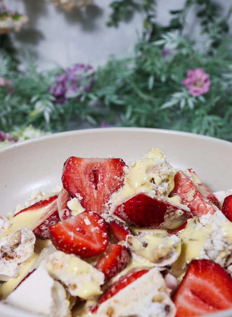 meringue with strawberries and cream, sabayon sauce