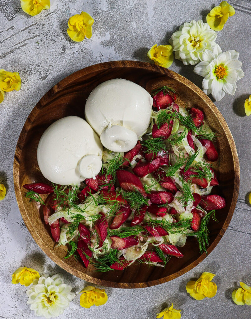 rhubarb fennel salad, salad with burrata cheese