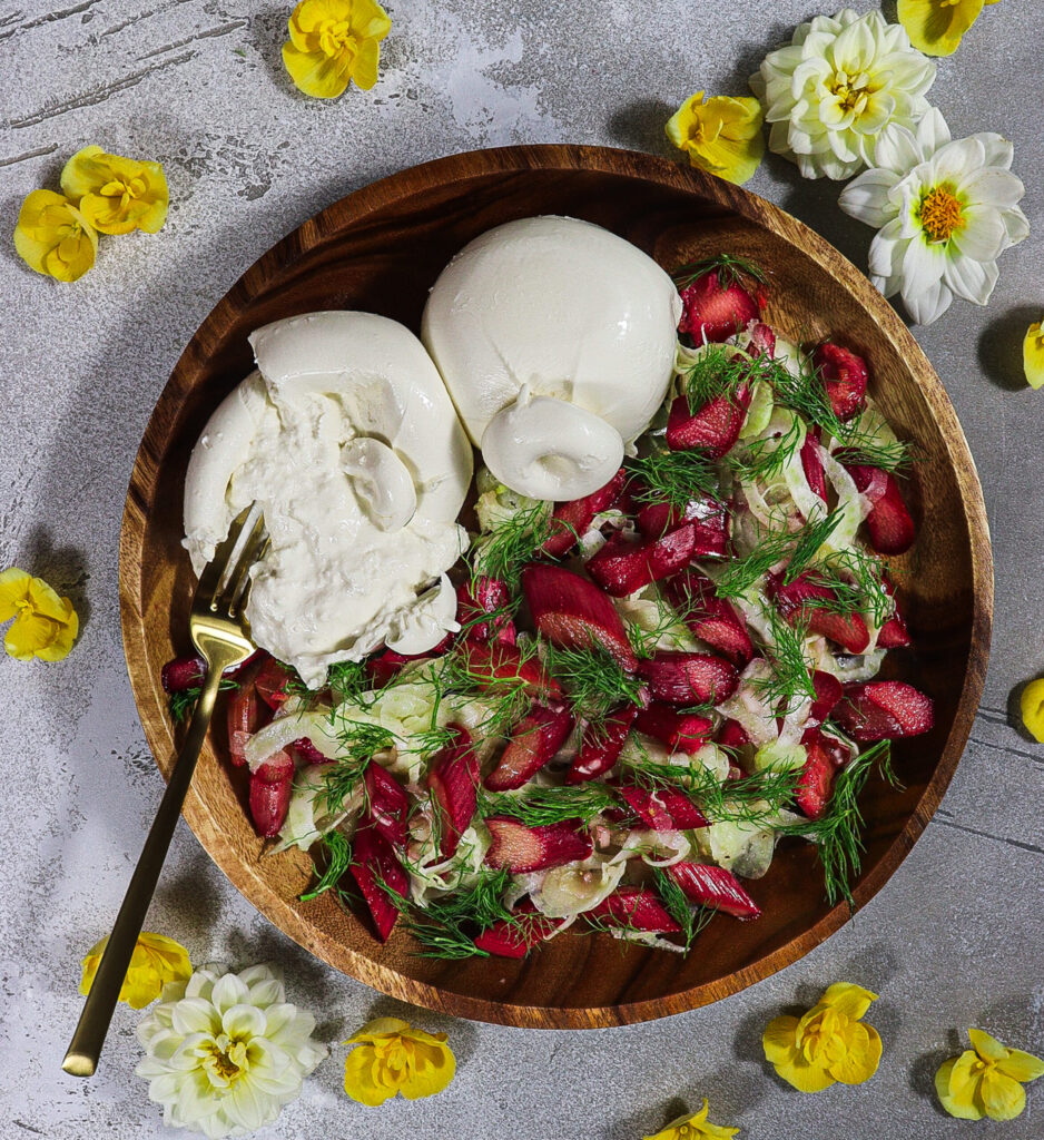 rhubarb fennel salad, may day recipes, salad with burrata cheese, raw fennel salad