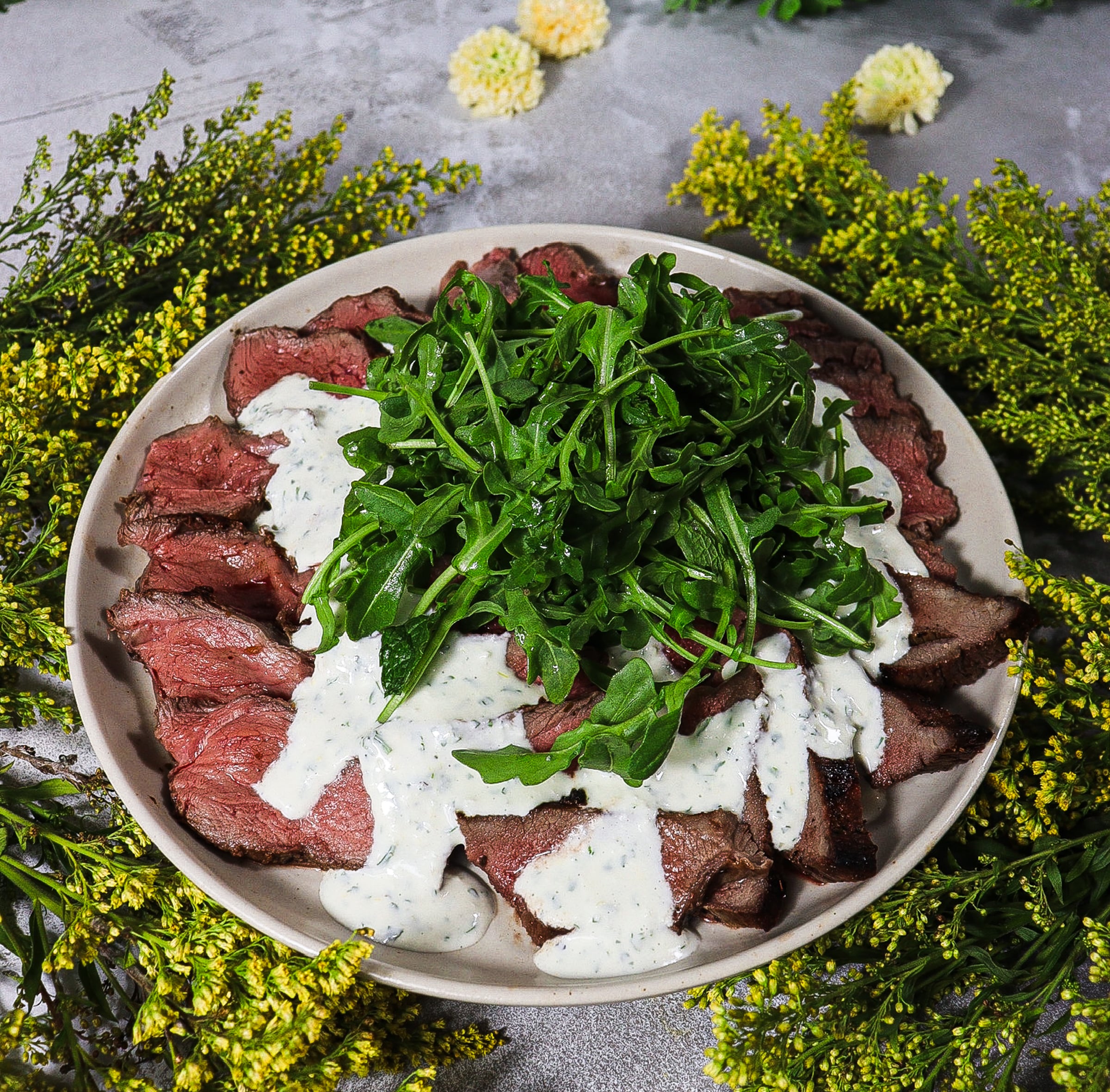 Grilled Leg of Lamb with Feta Yogurt Dressing