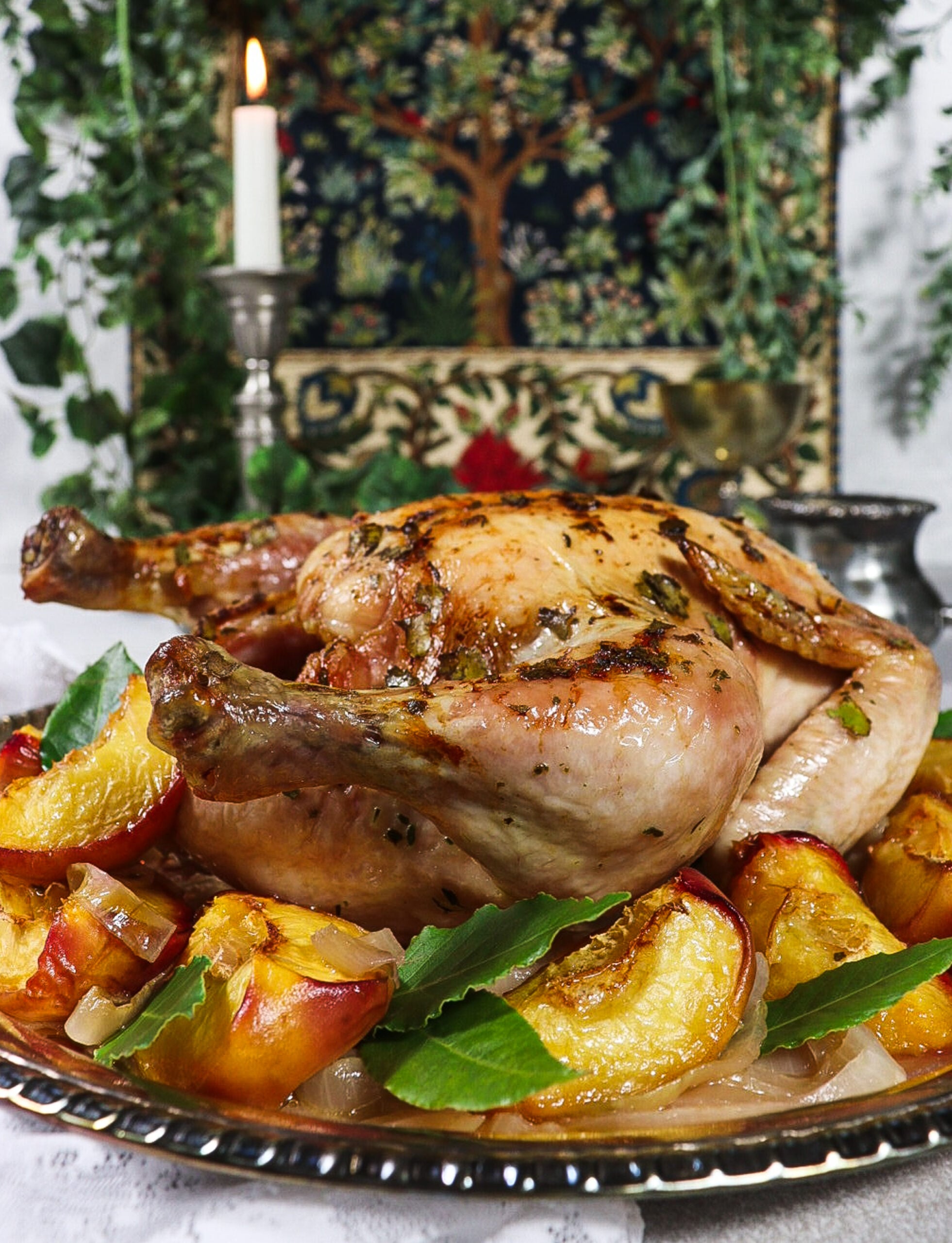 Bay Roasted Chicken with Peaches