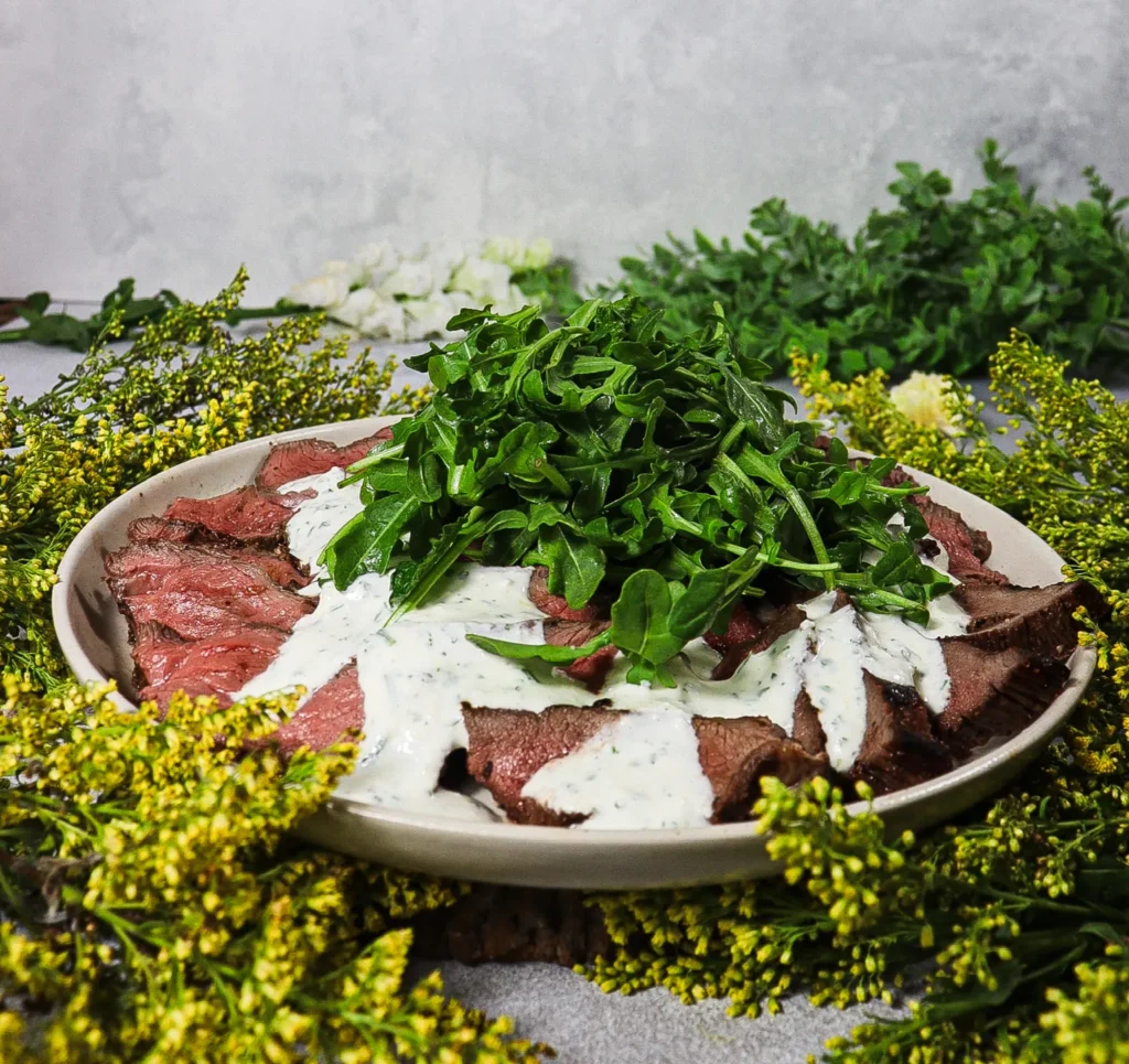 butterflied leg of lamb, feta yogurt dressing, may day recipes