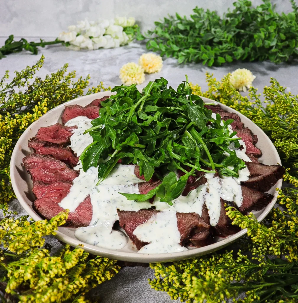 butterflied boneless leg of lamb, yogurt feta dressing
