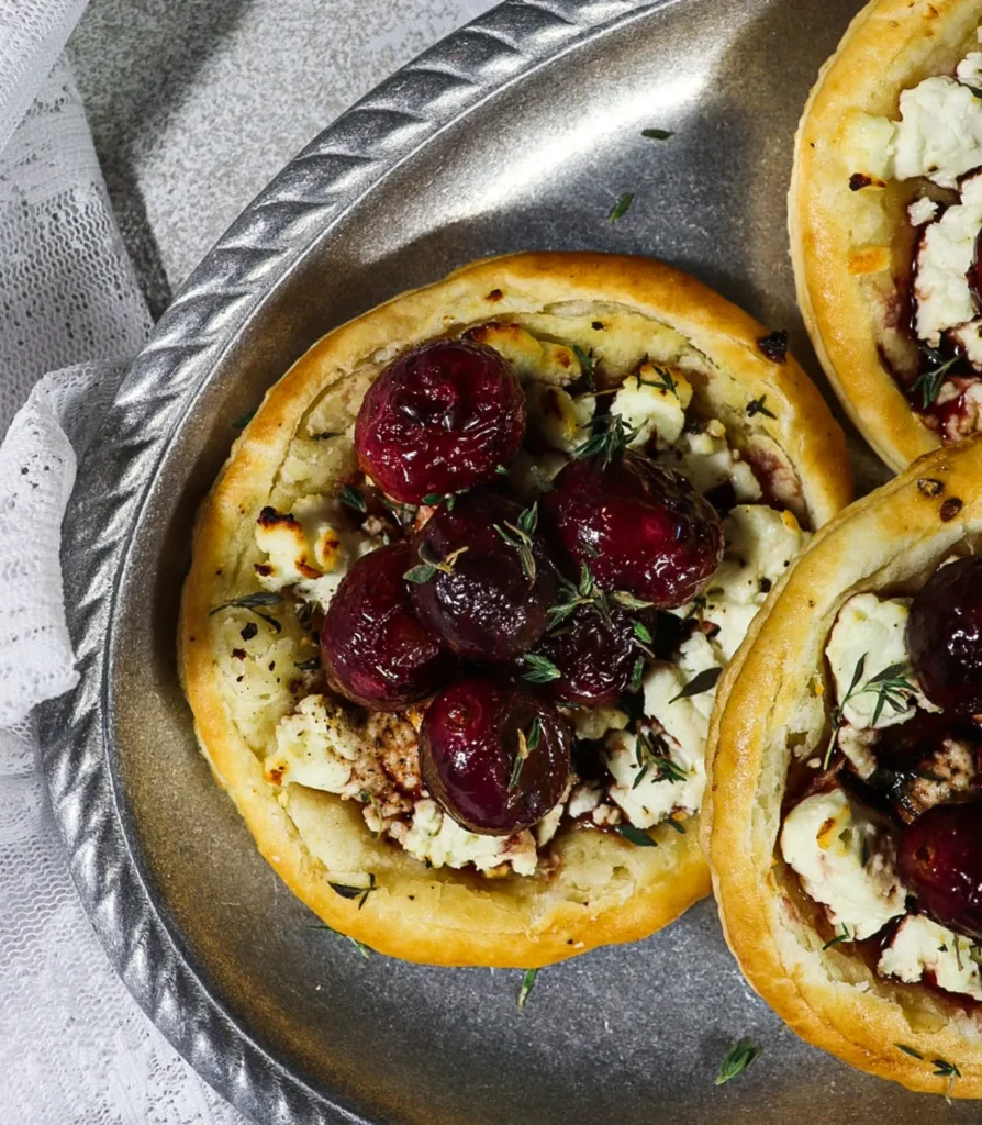 goat cheese tarts, grape tart, roasted grapes with cheese