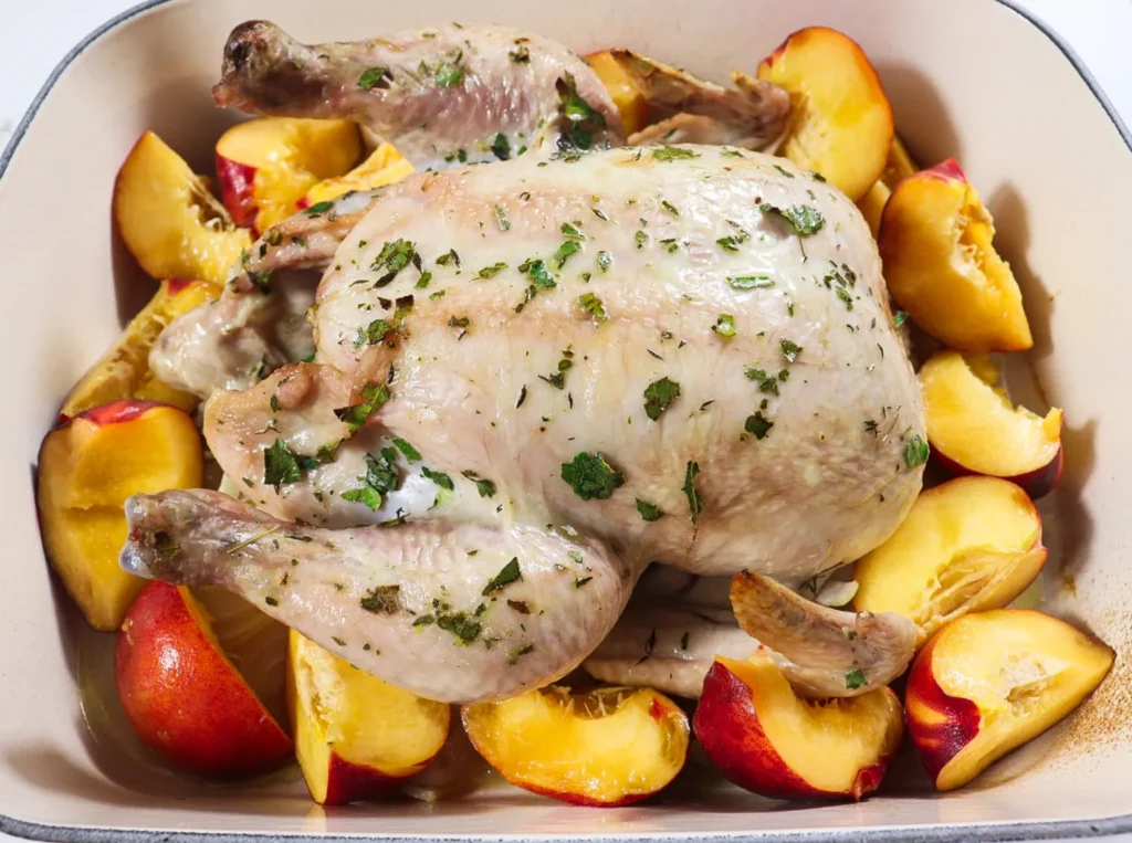 roasted chicken and peaches, bay leaf chicken recipe, bay leaf salt