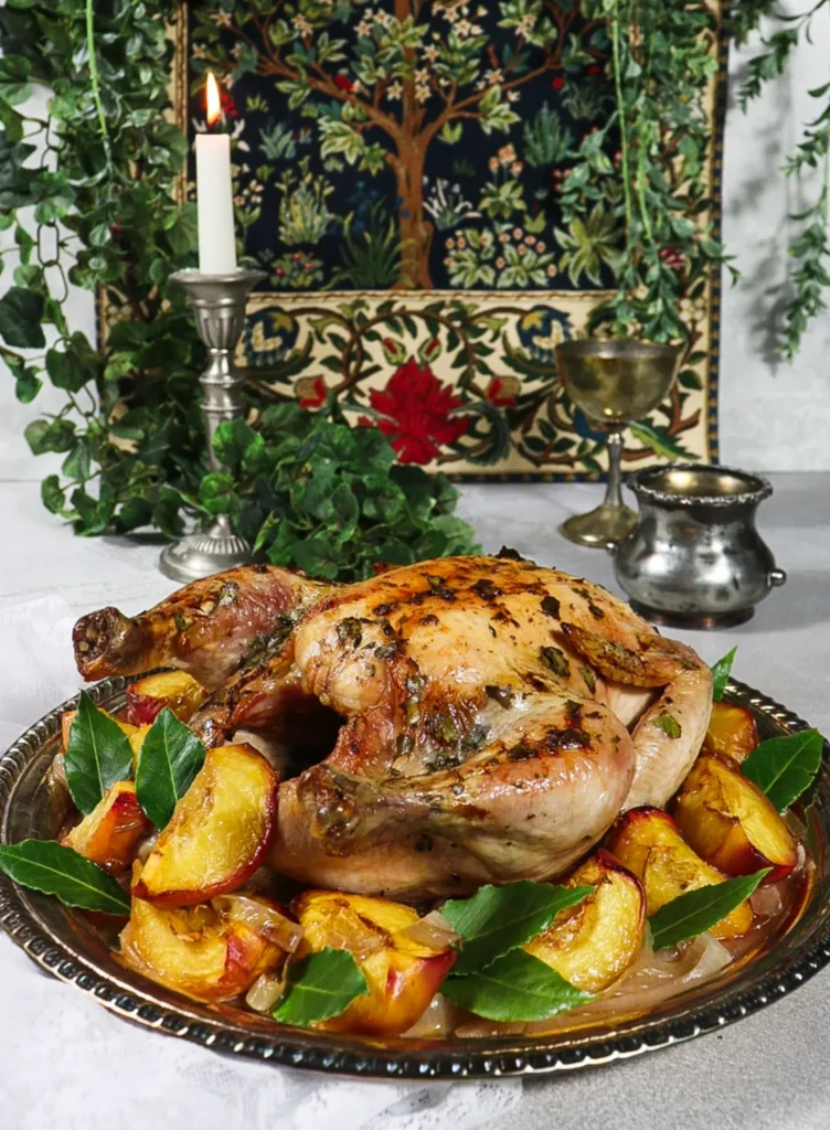 roasted chicken with peaches, recipes from middle earth, lord of the rings inspired recipes