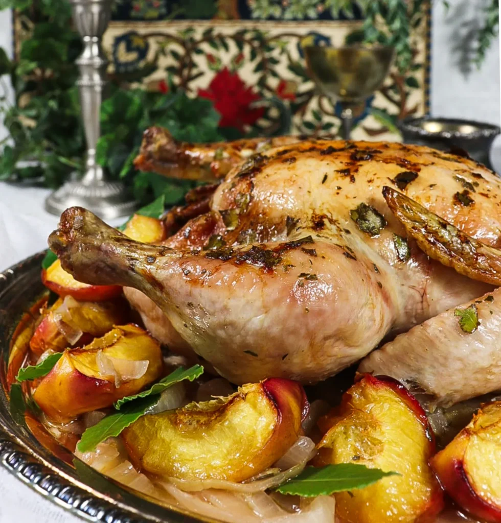 roasted chicken and peaches, bay leaf chicken recipe, lord of the rings inspired recipes
