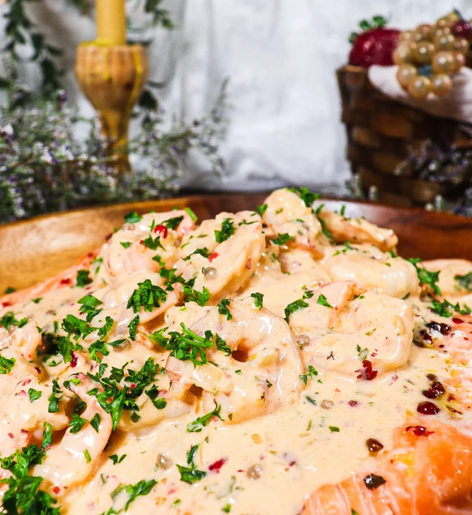 Side view of the salmon topped with shrimp and a pink peppercorn cream sauce