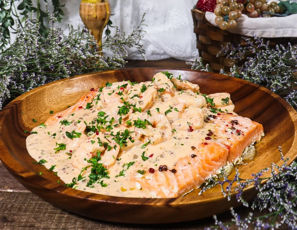 Pink peppercorn salmon and shrimp in a wooden bowl